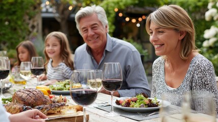 Elderly Couple Enjoying Outdoor Family Dinner Gathering with Children and Delicious Cuisine