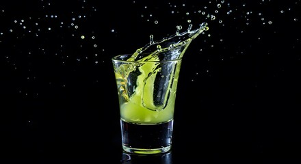 Vibrant Splash of Liqueur: A captivating shot glass holds a splash of bright liqueur, frozen in mid-air against a stark background, showing movement and energy.