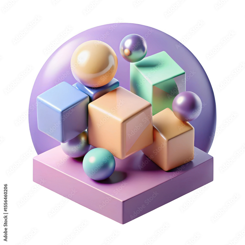Poster a vibrant 3d abstract composition featuring pastel colored cubes and spheres arranged in a playful s