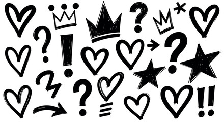 Hand-drawn Doodle Set Hearts, Crowns, Stars, Question Marks & More