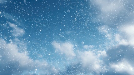 Obraz premium A photo of a blue sky with a light snowfall. The snowflakes are falling from the top of the image and are visible in various sizes. The image is captured during the day, as the sky is blue with hints