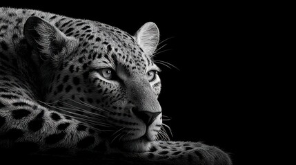 Naklejka premium Panther in rest. Black and white portrait of leopard on black background. Predator series. Danger concept. digital art, generative ai