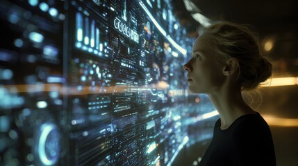 Woman observes illuminated digital display with futuristic data.