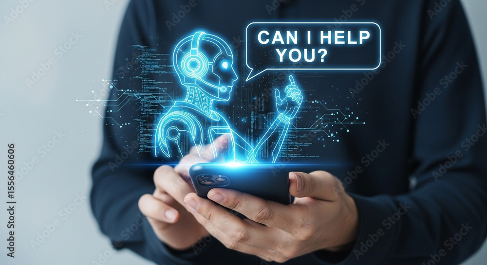 Poster Person holding phone with ai assistant hologram and speech bubble asking can i help you hovering above