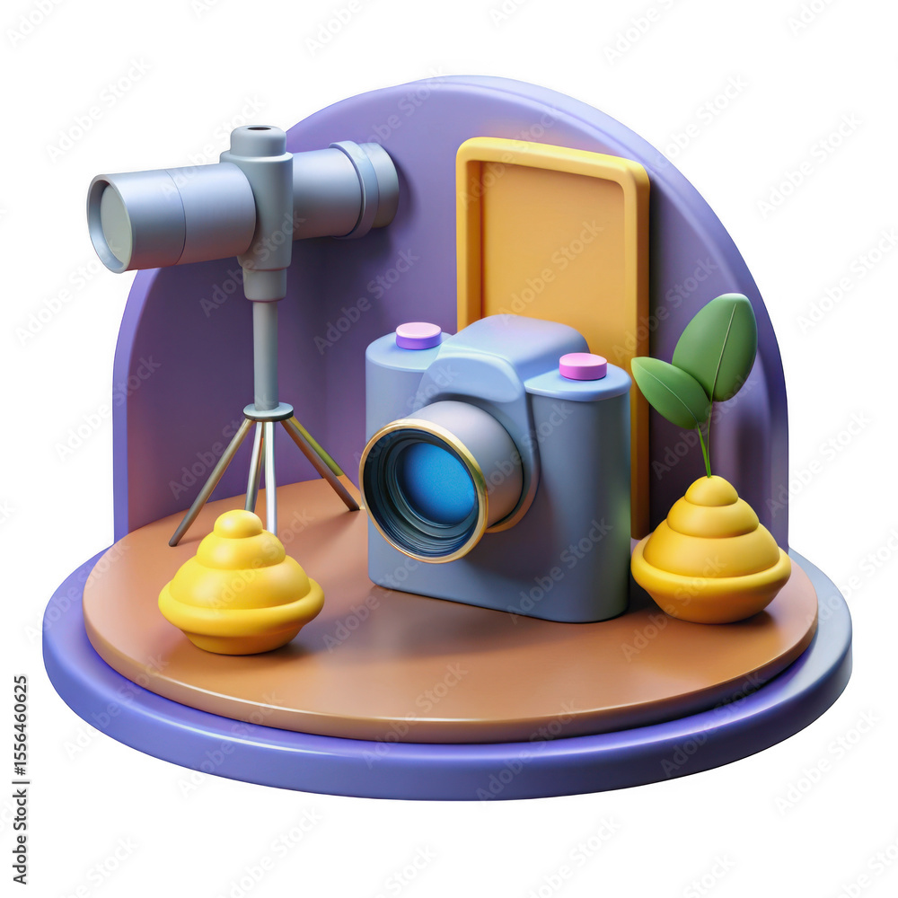 Poster a 3d illustration of a camera and telescope on a display stand with decorative elements isolated on 
