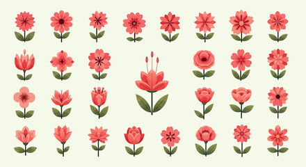 Collection of 30 Unique Red Flower Illustrations Flat Design Floral Elements
