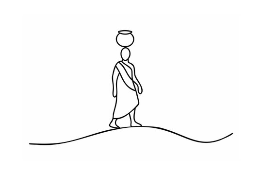 Person carrying pot on head walking across wavy ground
