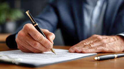 Close-Up of a Businessman Writing a Signature on a Document with a Fountain Pen at an Office Table