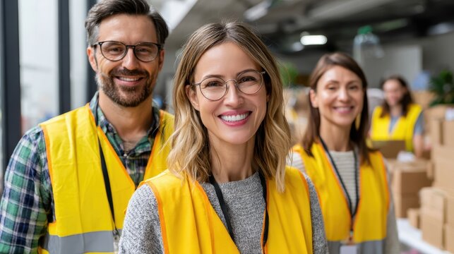 Smiling Diverse Team of Professionals in Yellow Vests Standing Together in Modern Warehouse Environment