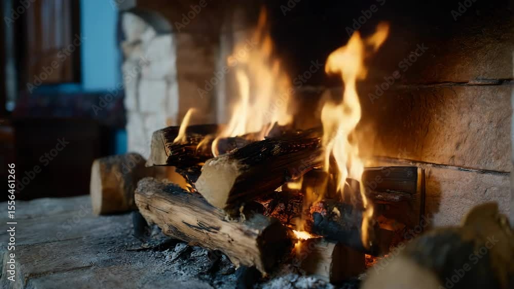 Poster cozy fireplace with burning logs creating a warm and relaxing atmosphere. perfect for home-related b