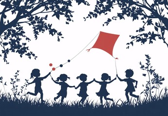 Silhouette of joyful children flying kites, playing with balloons and balls in a scenic park with trees and leaves blowing in the wind.