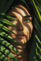 beautiful face girl in leaves and sunlight. young woman in Tropical jungle