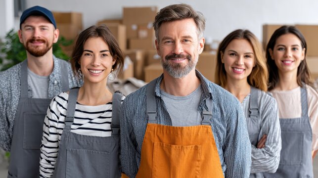 Diverse Group of Smiling Professionals in Aprons Posing Together in a Modern Workspace - Powered by Adobe