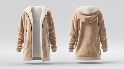 Warm fleece-lined coat in earth tone, shown front and back, clear white background, centered for mockups