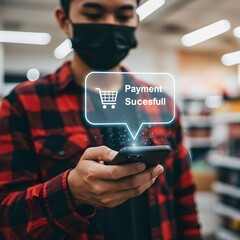 Man wearing a mask uses smartphone for successful payment in a store