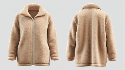 Warm fleece-lined coat in earth tone, shown front and back, clear white background, centered for mockups
