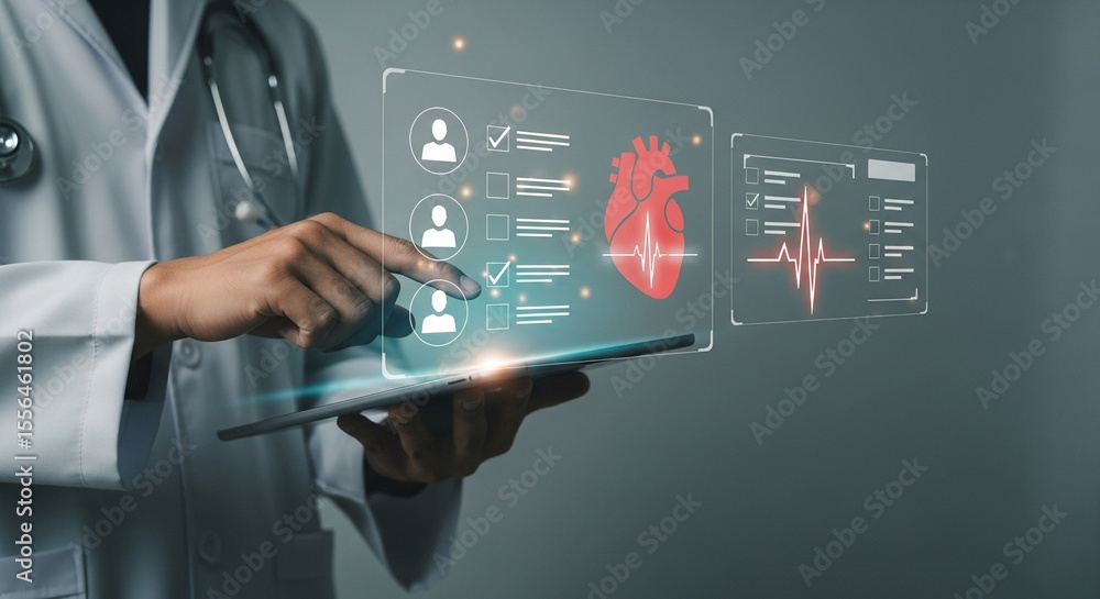 Poster Doctor using tablet with heart health data and patient information displayed on screen interface