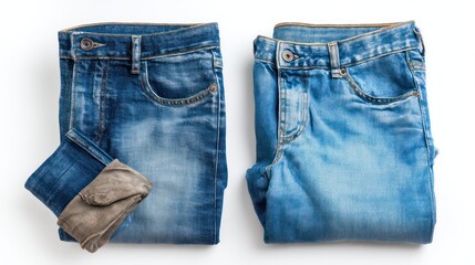 White background mockup of front and back views of vintage-style jeans, folded cuffs visible