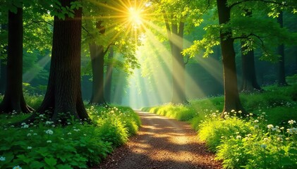 Fototapeta premium Sun-Dappled Forest Path A Magical Summer Walk Through Lush Green Canopy