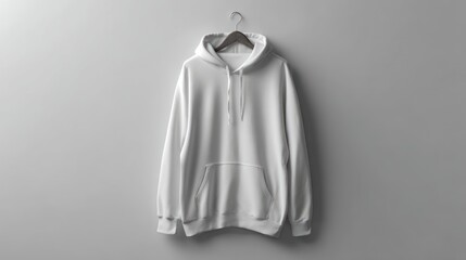 White hoodie with front pocket and hood visible, product display against plain light gray