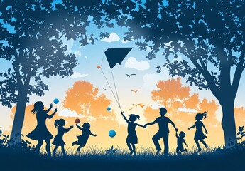 Silhouette of joyful children flying kites, playing with balloons and balls in a scenic park with trees and leaves blowing in the wind.