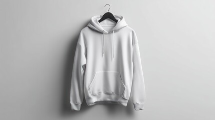 White hoodie with front pocket and hood visible, product display against plain light gray