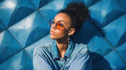 Woman in denim-on-denim outfit posing against a textured backdrop, modern editorial look