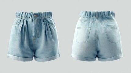 Womenâ€™s high-waisted denim shorts, front and back angles, light blue wash, minimal shadows, product display style