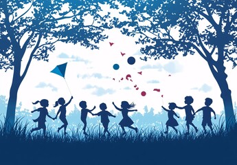 Silhouette of joyful children flying kites, playing with balloons and balls in a scenic park with trees and leaves blowing in the wind.