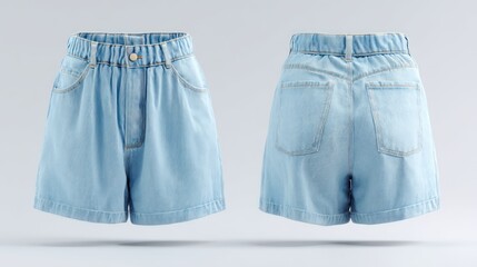 Womenâ€™s high-waisted denim shorts, front and back angles, light blue wash, minimal shadows, product display style