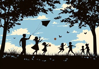 Silhouette of joyful children flying kites, playing with balloons and balls in a scenic park with trees and leaves blowing in the wind.