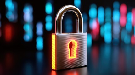 Shiny Silver Padlock with Illuminated Keyhole Against Colorful Abstract Digital Background