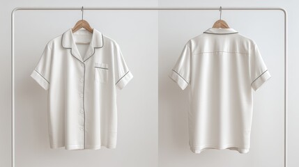 Women's short-sleeve pajama set, front and back views, hanging on minimalist rack, white background, modern aesthetic