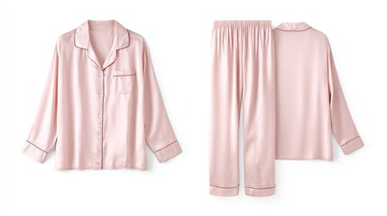 Women's silk pajama set, front and back views, laid flat, isolated on white background, detailed fabric texture, minimalist style