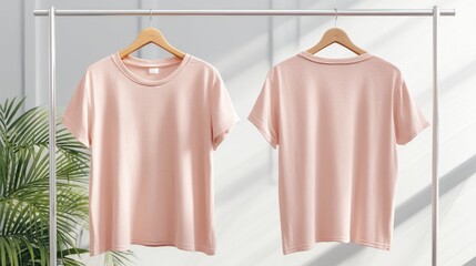 Women's short-sleeve pajama set, front and back views, hanging on minimalist rack, white background, modern aesthetic