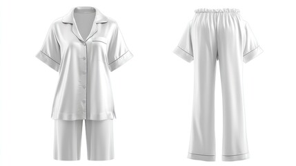 Women's silk pajama set, front and back views, laid flat, isolated on white background, detailed fabric texture, minimalist style