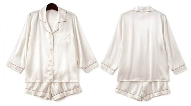 Women's silk pajama set, front and back views, laid flat, isolated on white background, detailed fabric texture, minimalist style