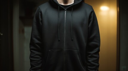 Wrinkle-free black hoodie front view with full-length zip and no logos, ideal for digital mockup presentations