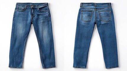 Wrinkle-free blue jeans shown in front and back views, laid out evenly on a pure white studio surface