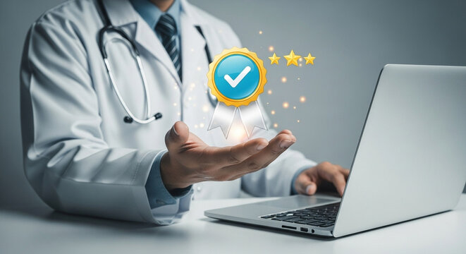 Doctor presents quality badge with stars while using a laptop for healthcare excellence online