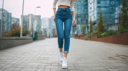 Young woman wearing high-waisted jeans and sneakers, walking outdoors in an urban setting, casual street style