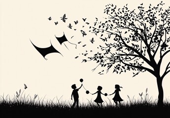 Silhouette of joyful children flying kites, playing with balloons and balls in a scenic park with trees and leaves blowing in the wind.