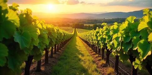 Fototapeta premium Sun-Drenched Vineyards Golden Sunlight Bathes Lush Vines Heavy with Grapes Ready for Harvest, Promising a Bountiful Vintage