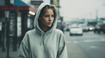 Young woman wearing oversized hoodie, walking through city streets