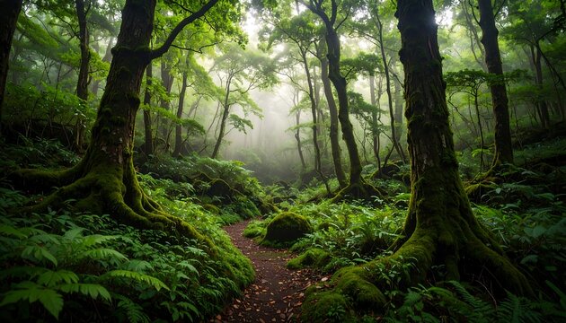 Lush, misty forest path - Powered by Adobe