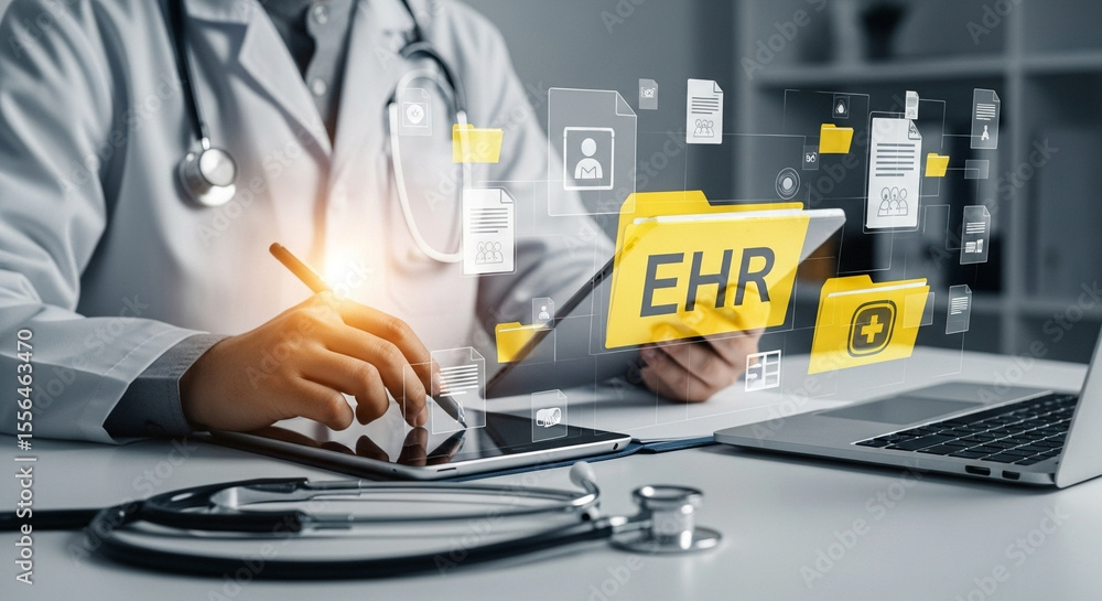Poster doctor using tablet with ehr folders and laptop on desk with stethoscope and medical documents icons