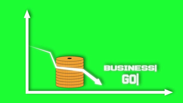 Animated business graph decline, financial loss icon, downward statistical curve, financial downturn chart, loss indicator icon, business performance drop. Green screen background