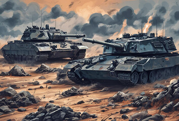 Military Tanks Charging into Battle – Combat Vehicles in Desert Warfare