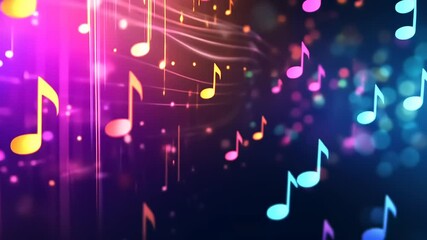 Colorful music notes floating against a vibrant background with abstract lights and patterns