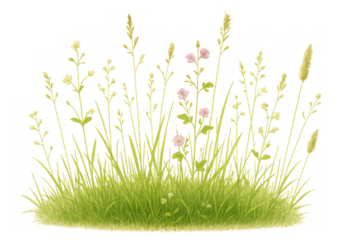 Lush green grass and wildflowers create a natural border on a transparent background, perfect for adding a touch of nature to designs